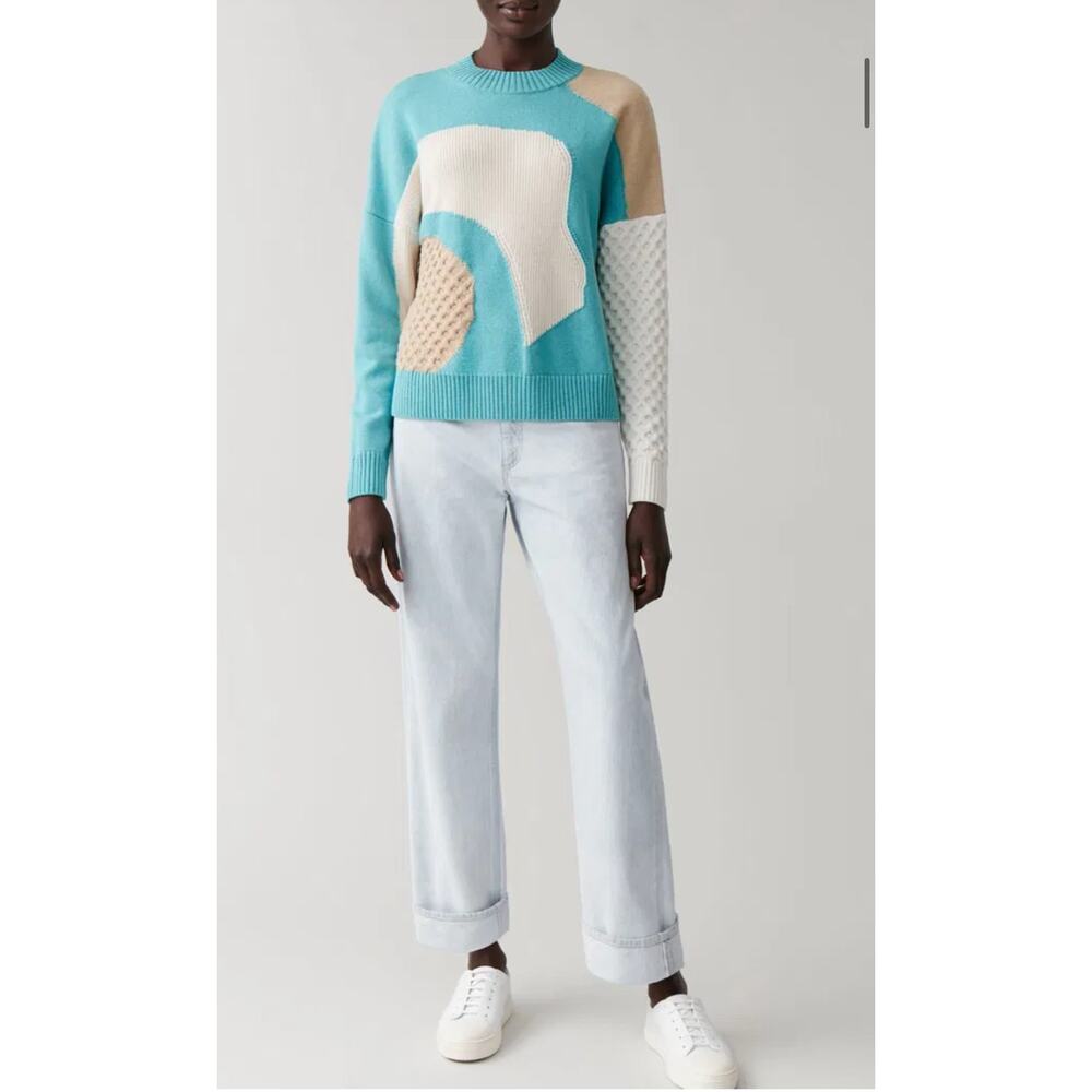 COS Crewneck Sweater SZ S Blue Abstract Design Preppy Quiet Luxury Slow Fashion - Picture 2 of 7